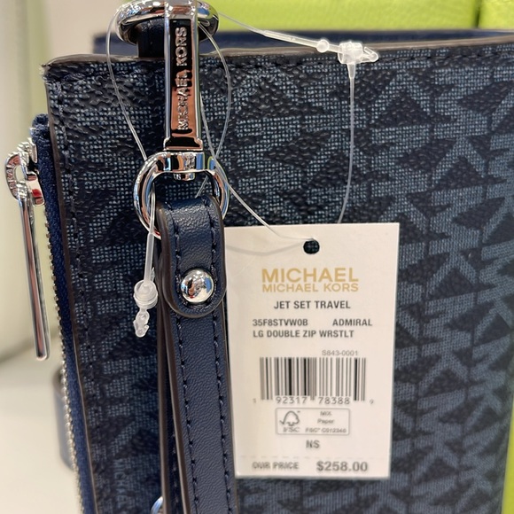 Michael Kors Jet Set Travel Large Double-Zip Wristlet-Wallet-PhoneHolder Admiral - Picture 13 of 16